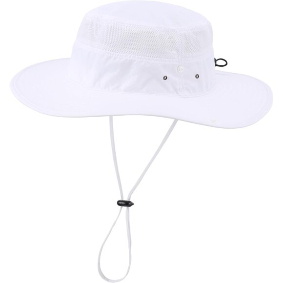 Unisex White 100% Polyester Wide Brim Boonie Mesh With Chin Strap Bucket Sun Hat - Picture 2 of 7